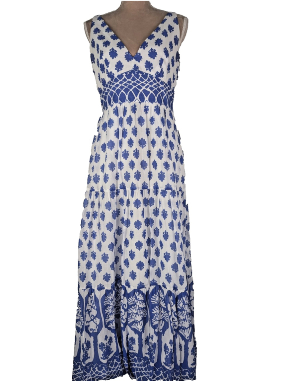 J Crew White Santorini Blue Floral Maxi Dress Sz 4 Classic Peasant Boho Greece